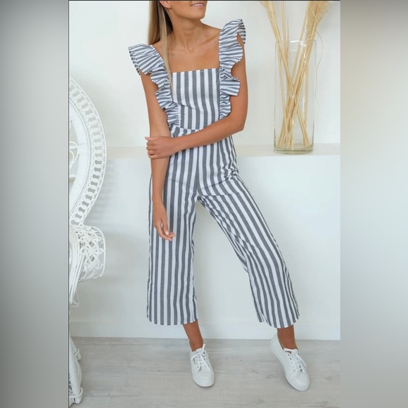 FLORA STRIPE JUMPSUIT charcoal/white SOLD OUT AIZW XS like new! Perfect  ♥️ - Picture 2 of 16